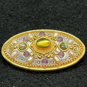 Michal Golan Oval Silver Brooch with Stones Trimmed with Gold
